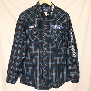 Wrangler L Western Shirt Black Blue Snap Ford Patch Logo Embroider Rodeo Cowboy
